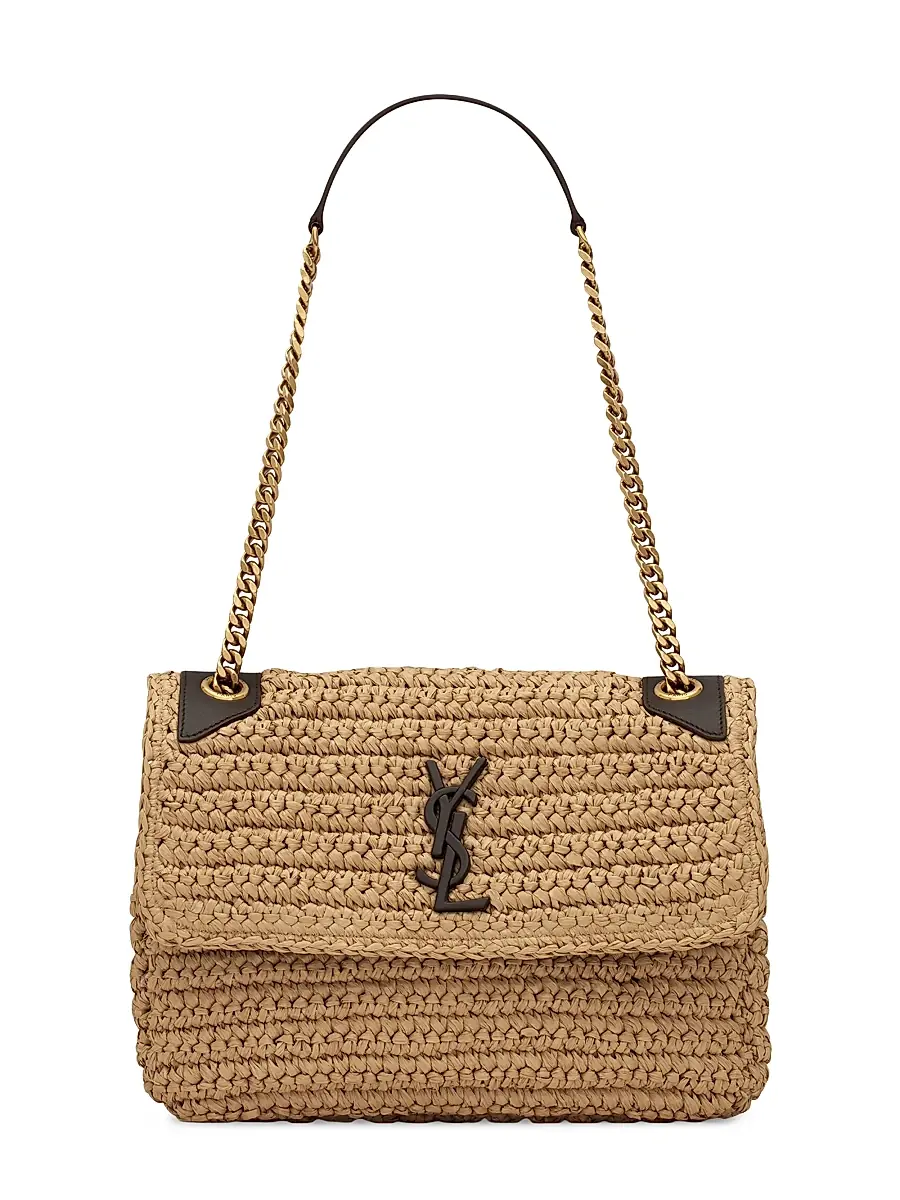 Women's Niki Chain Bag in Raffia and Leather - Naturel