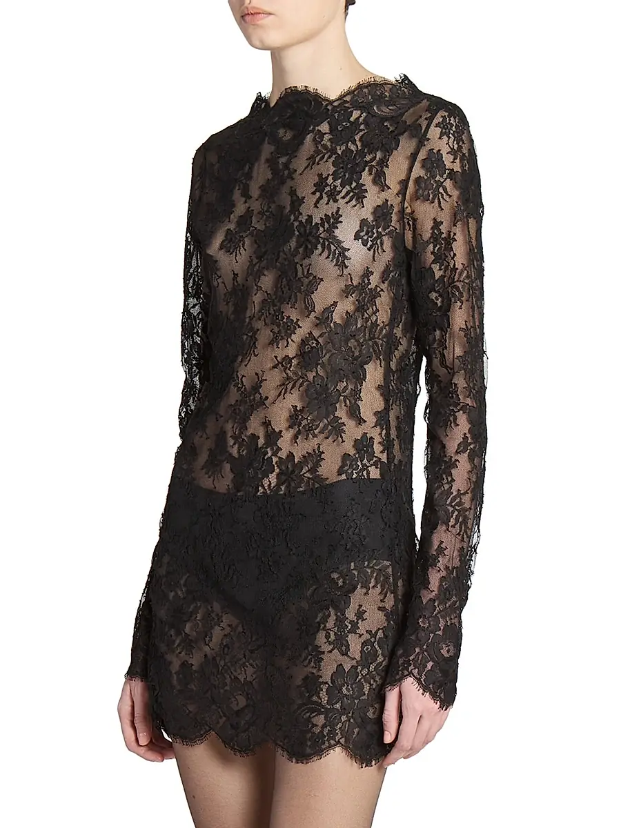 Saint Laurent Women's Long-Sleeve Dress in Chantilly Lace - Black | Thumbnail 4 Saint Laurent Women's Long-Sleeve Dress in Chantilly Lace - Black | Thumbnail 4