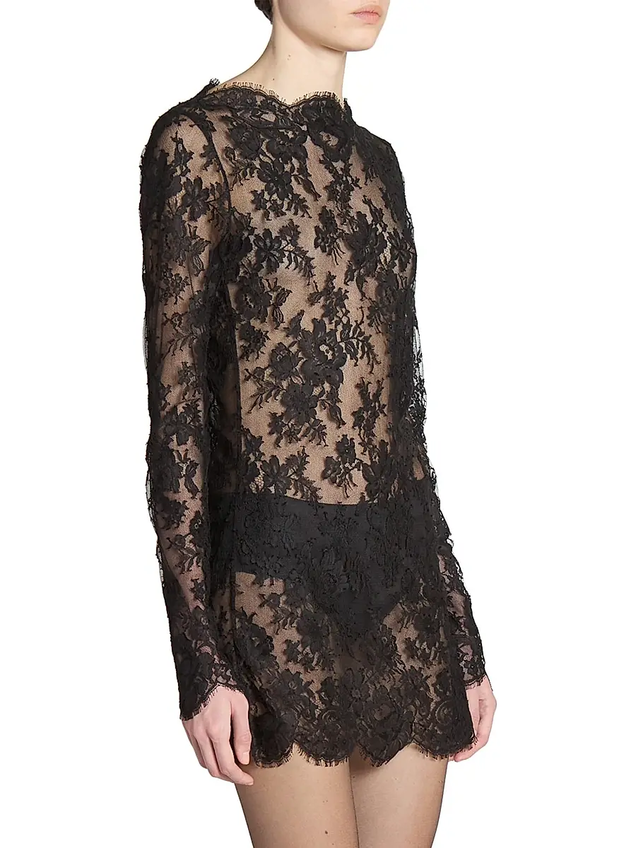 Saint Laurent Women's Long-Sleeve Dress in Chantilly Lace - Black | Thumbnail 5 Saint Laurent Women's Long-Sleeve Dress in Chantilly Lace - Black | Thumbnail 5