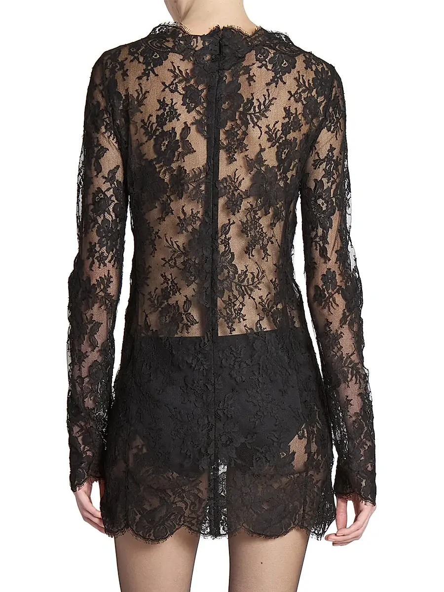 Saint Laurent Women's Long-Sleeve Dress in Chantilly Lace - Black | Thumbnail 6 Saint Laurent Women's Long-Sleeve Dress in Chantilly Lace - Black | Thumbnail 6