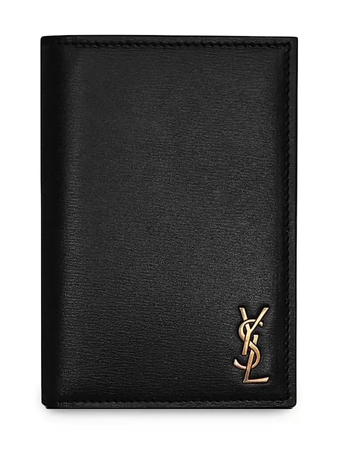 Saint Laurent Men's Tiny Cassandre Credit Card Wallet in Shiny Leather - Nero