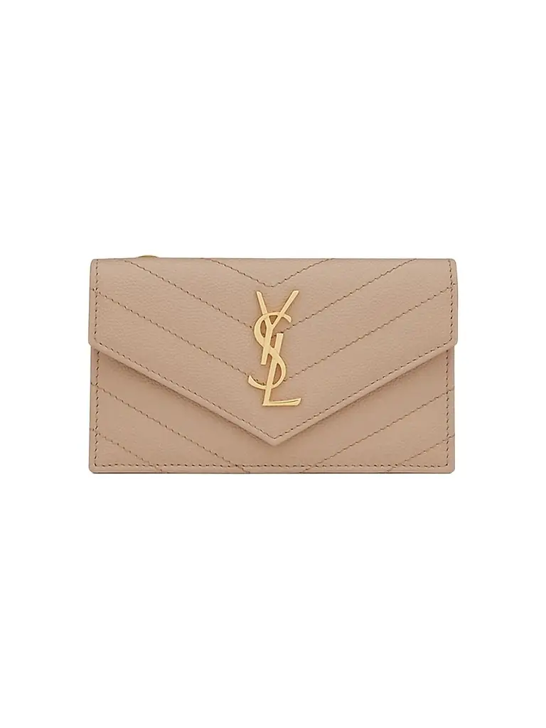 Saint Laurent Women's Cassandre Matelassé Fragments Flap Card Case in Grain de Poudre Embossed Leather - Dark Beige | Image 1 Saint Laurent Women's Cassandre Matelassé Fragments Flap Card Case in Grain de Poudre Embossed Leather - Dark Beige | Image 1