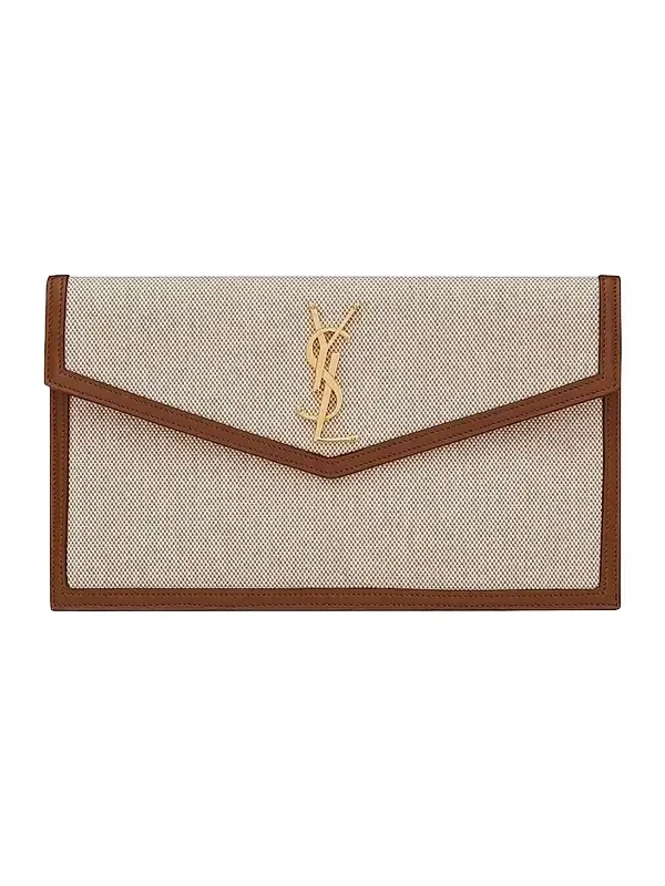 Saint Laurent Women's Uptown Pouch In Canvas And Smooth Leather - Naturel Beige Brick