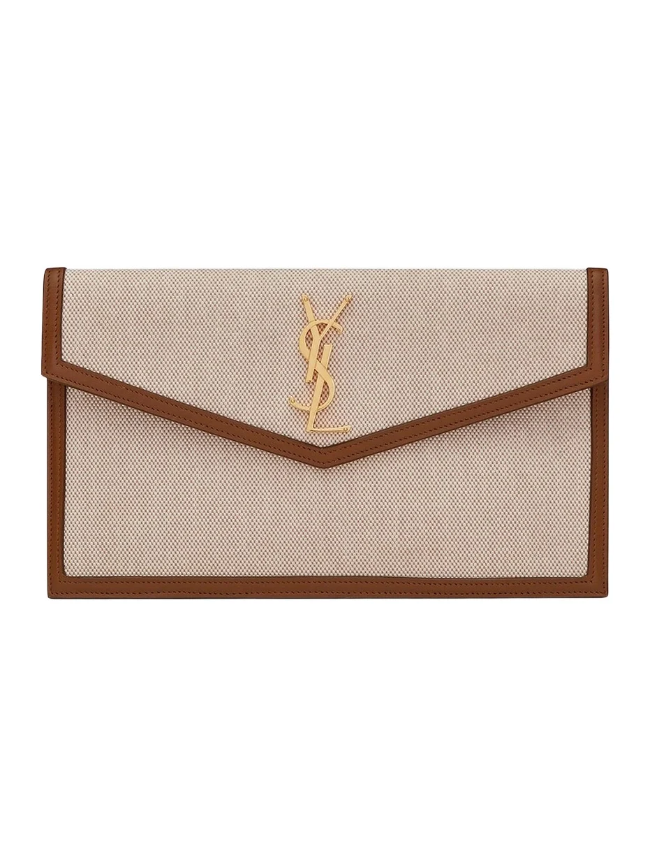 Women's Uptown Pouch In Canvas And Smooth Leather - Naturel Beige Brick