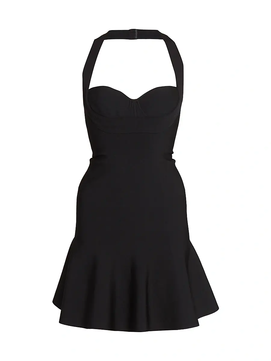 ALAIA Women's Rib-Knit Halter Flounce Minidress - Black | Image 1 ALAIA Women's Rib-Knit Halter Flounce Minidress - Black | Image 1