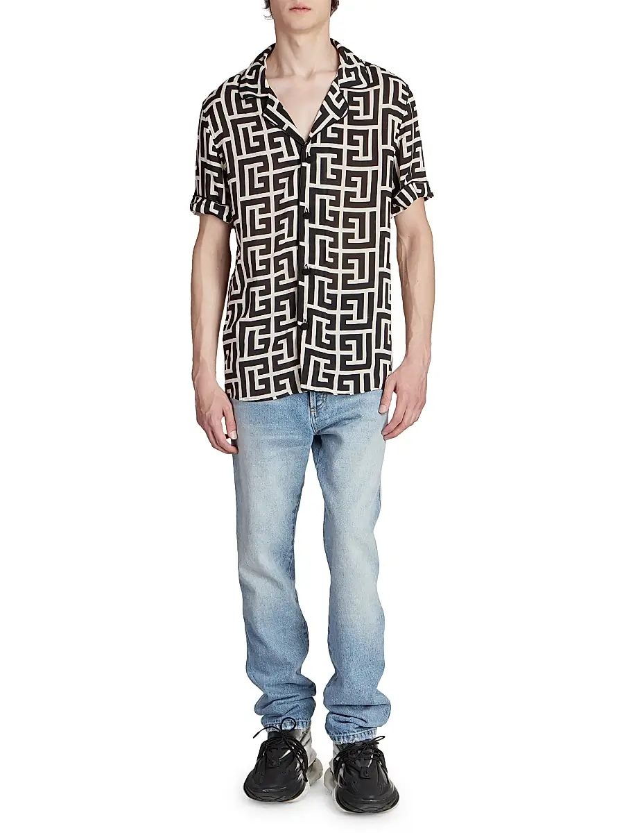 Balmain Men's Macromonogram Short-Sleeve Pajama Shirt - Ivoire Noir | Thumbnail 2 Balmain Men's Macromonogram Short-Sleeve Pajama Shirt - Ivoire Noir | Thumbnail 2