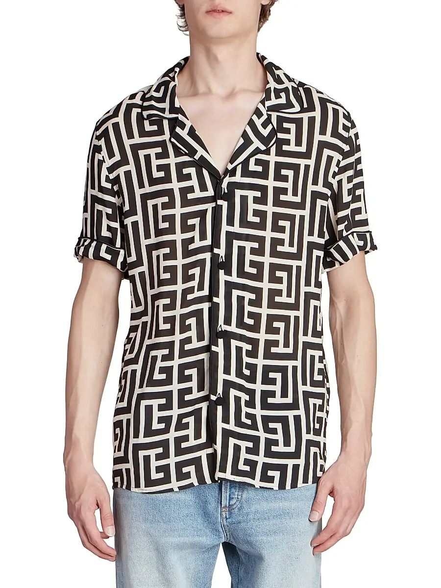 Balmain Men's Macromonogram Short-Sleeve Pajama Shirt - Ivoire Noir | Thumbnail 3 Balmain Men's Macromonogram Short-Sleeve Pajama Shirt - Ivoire Noir | Thumbnail 3