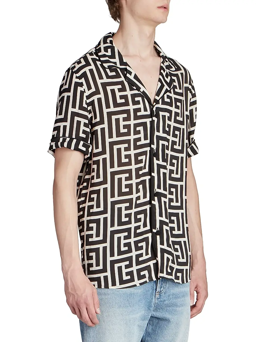 Balmain Men's Macromonogram Short-Sleeve Pajama Shirt - Ivoire Noir | Thumbnail 4 Balmain Men's Macromonogram Short-Sleeve Pajama Shirt - Ivoire Noir | Thumbnail 4