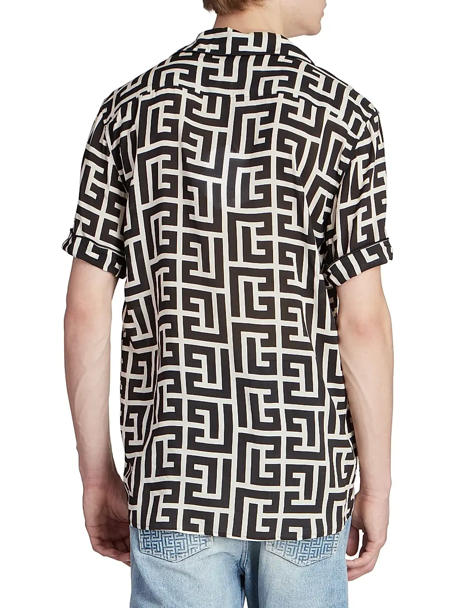 Balmain Men's Macromonogram Short-Sleeve Pajama Shirt - Ivoire Noir | Thumbnail 5 Balmain Men's Macromonogram Short-Sleeve Pajama Shirt - Ivoire Noir | Thumbnail 5