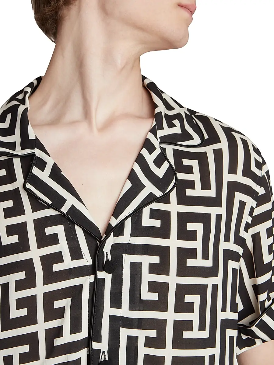 Balmain Men's Macromonogram Short-Sleeve Pajama Shirt - Ivoire Noir | Thumbnail 6 Balmain Men's Macromonogram Short-Sleeve Pajama Shirt - Ivoire Noir | Thumbnail 6