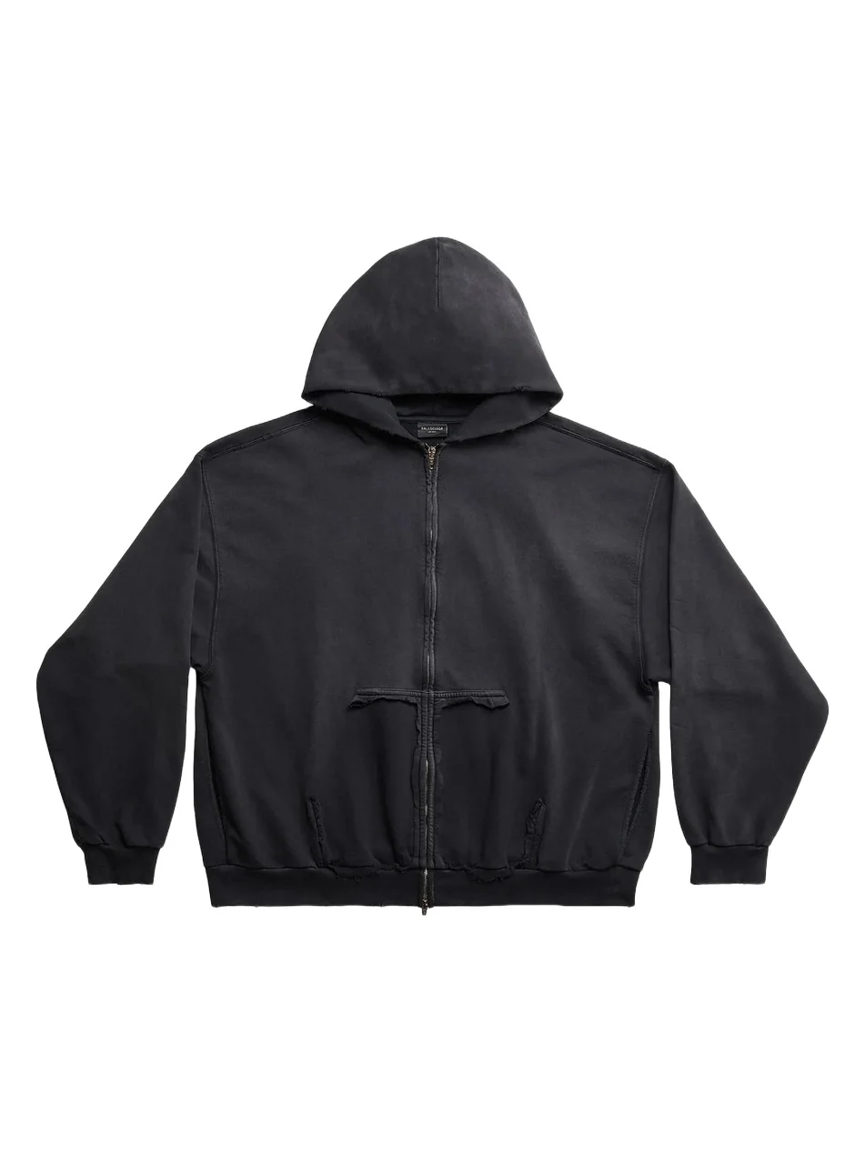 Unisex Tape Type Ripped Pocket Zip-Up Hoodie Unisex Tape Type Ripped Pocket Zip-Up Hoodie