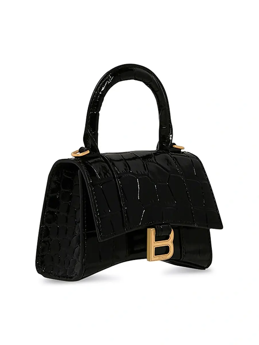 Balenciaga Women's Hourglass Mini Handbag With Chain Crocodile Embossed - Black | Thumbnail 2 Balenciaga Women's Hourglass Mini Handbag With Chain Crocodile Embossed - Black | Thumbnail 2