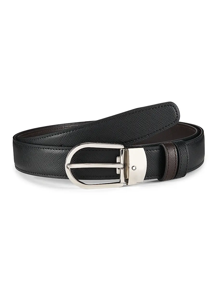 Montblanc Men's Horseshoe Cut-to-Size Leather Belt - Black | Image 1 Montblanc Men's Horseshoe Cut-to-Size Leather Belt - Black | Image 1