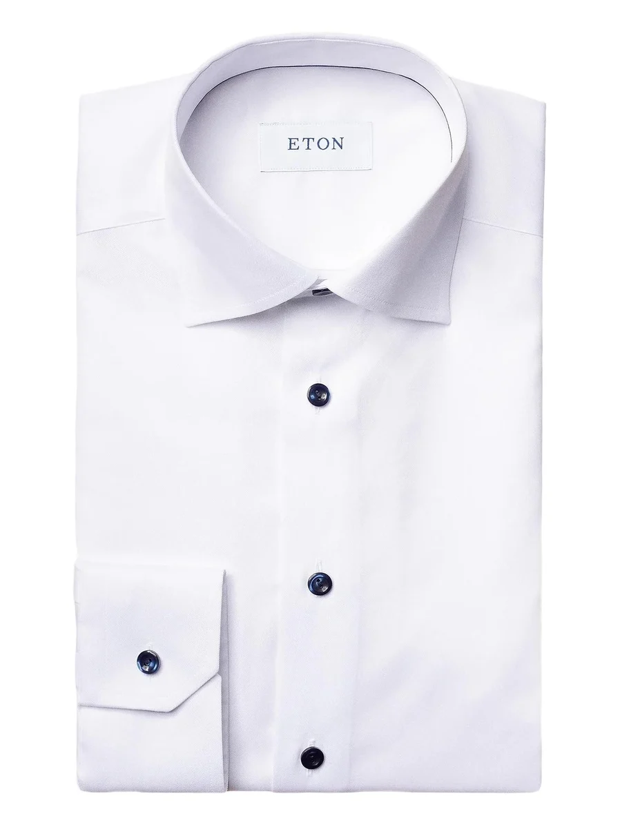 Men's Slim-Fit Twill Dress Shirt with Navy Details - White Men's Slim-Fit Twill Dress Shirt with Navy Details - White
