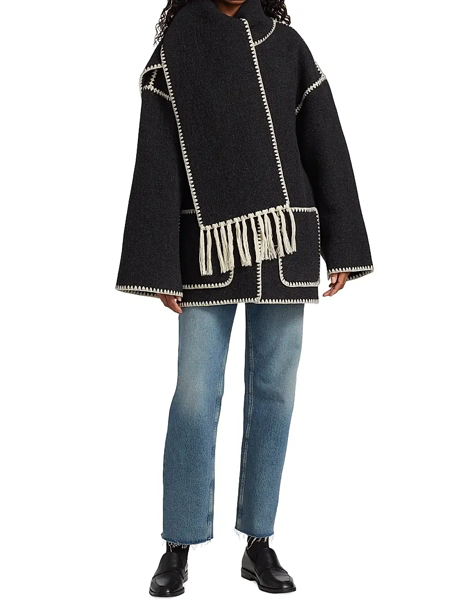 Toteme Women's Embroidered Wool-Blend Scarf Jacket - Dark Grey Melange | Thumbnail 2