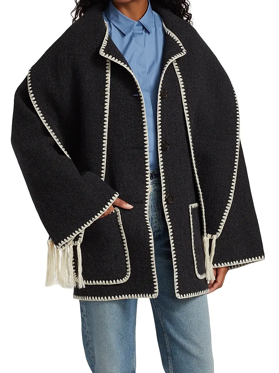Toteme Women's Embroidered Wool-Blend Scarf Jacket - Dark Grey Melange | Thumbnail 3
