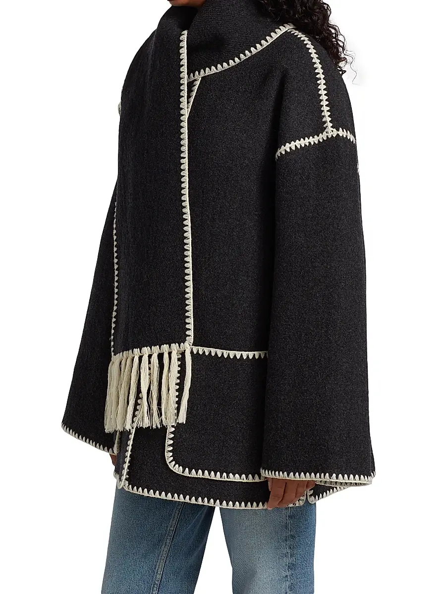 Toteme Women's Embroidered Wool-Blend Scarf Jacket - Dark Grey Melange | Thumbnail 4