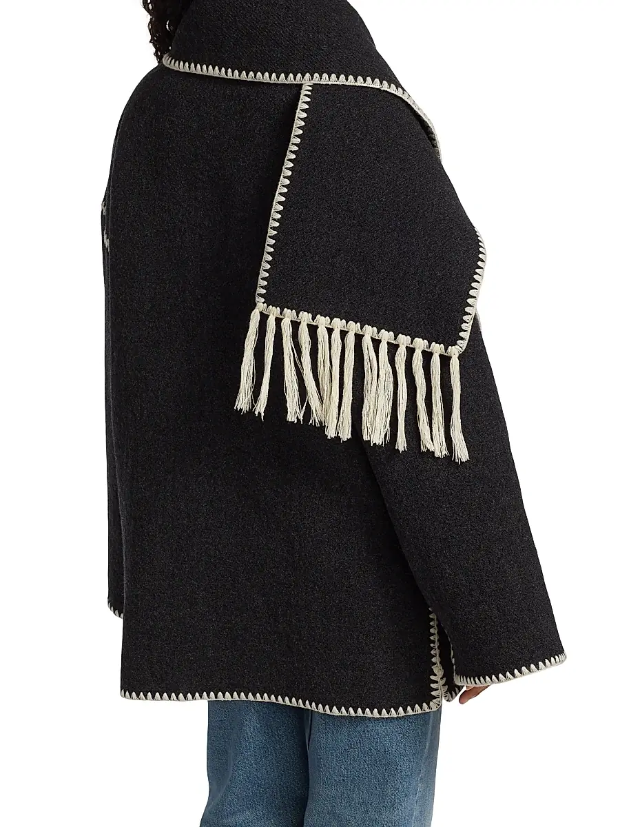 Toteme Women's Embroidered Wool-Blend Scarf Jacket - Dark Grey Melange | Thumbnail 5