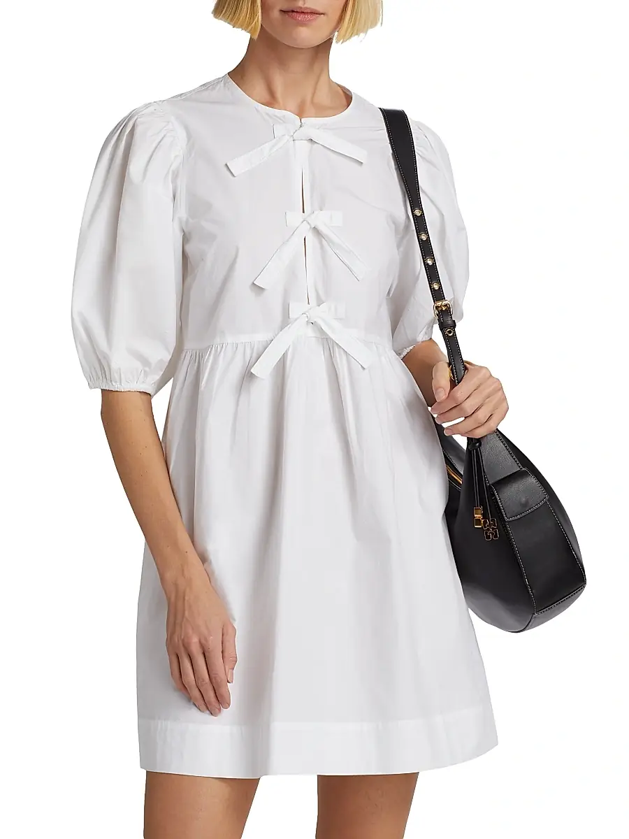 Ganni Women's Poplin Bow Short-Sleeve Minidress | Thumbnail 3