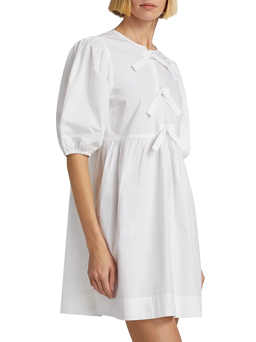 Ganni Women's Poplin Bow Short-Sleeve Minidress | Thumbnail 4