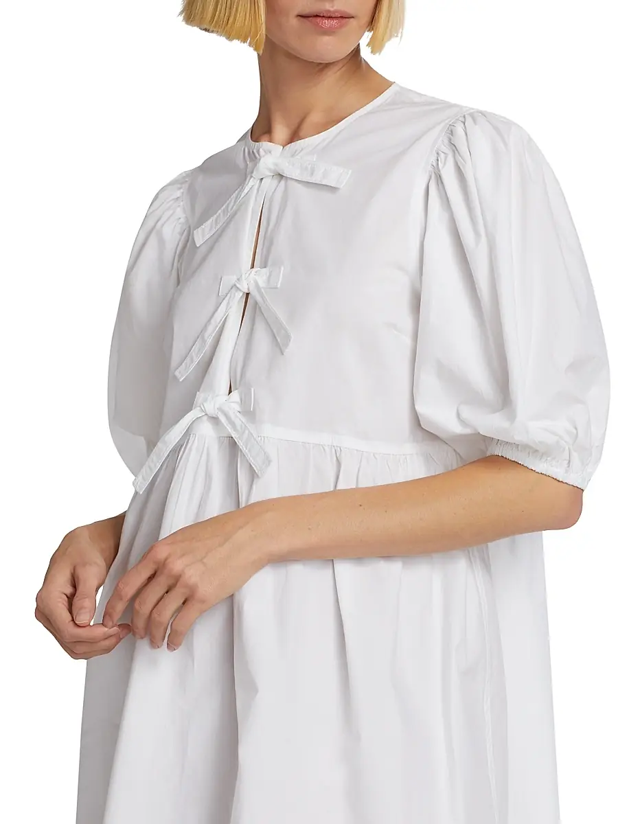 Ganni Women's Poplin Bow Short-Sleeve Minidress | Thumbnail 6