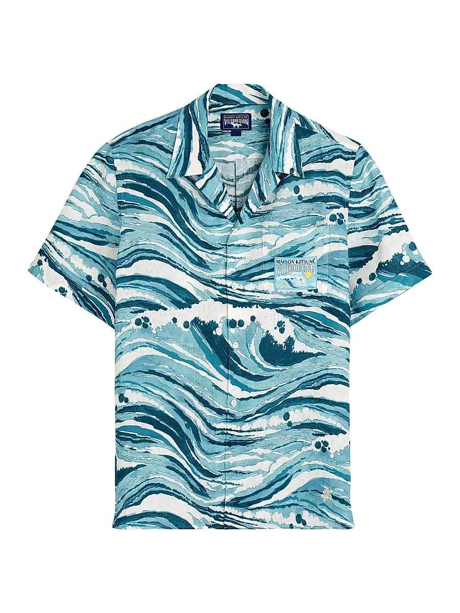 Vilebrequin Men's x Maison Kitsuné Wave Linen Short-Sleeve Shirt - Blue - Size XXL | Image 1 Vilebrequin Men's x Maison Kitsuné Wave Linen Short-Sleeve Shirt - Blue - Size XXL | Image 1