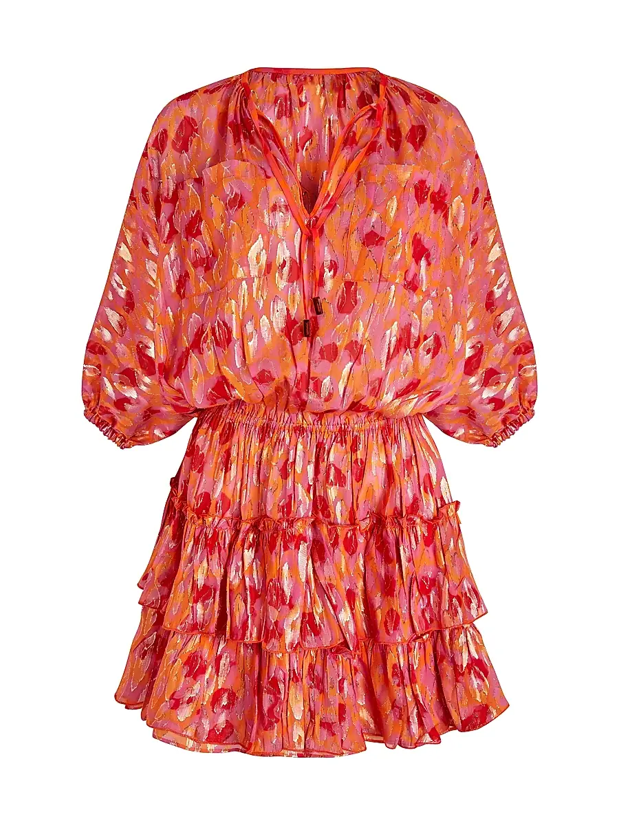 Vilebrequin Women's New Leopard Metallic Balloon-Sleeve Minidress - Apricot | Image 1 Vilebrequin Women's New Leopard Metallic Balloon-Sleeve Minidress - Apricot | Image 1