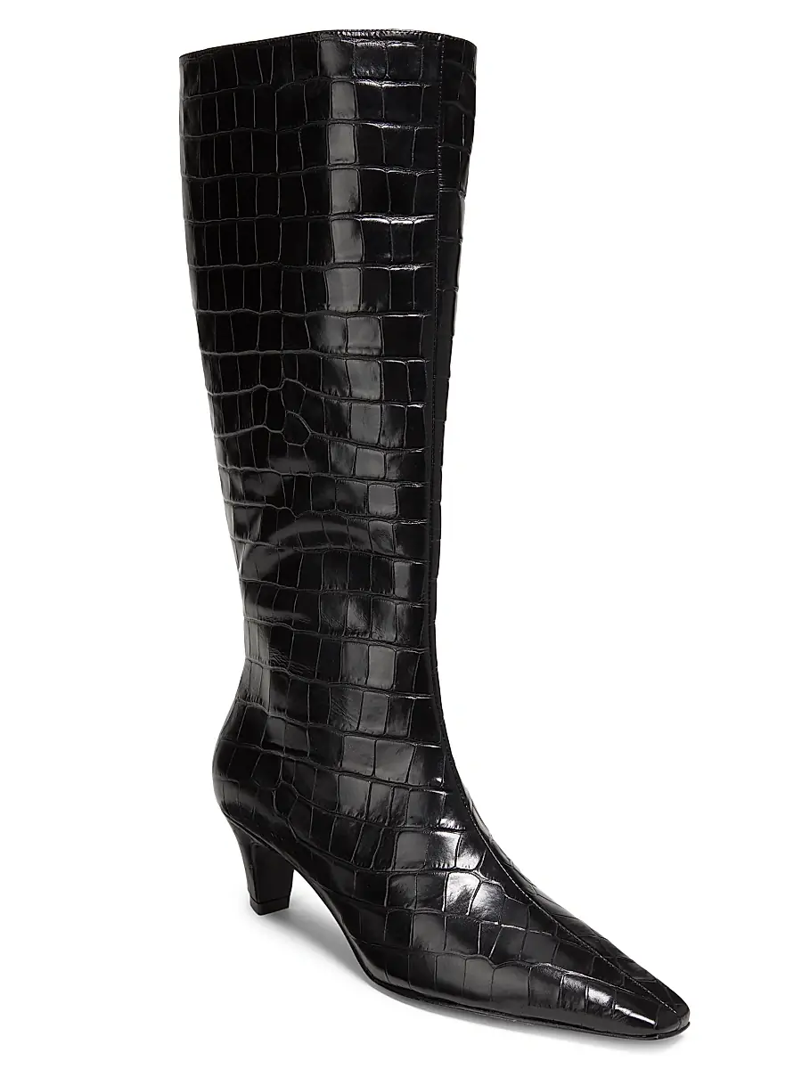 Schutz Women's Dellia 65MM Croc Leather Mid-Calf Boots - Black | Thumbnail 2