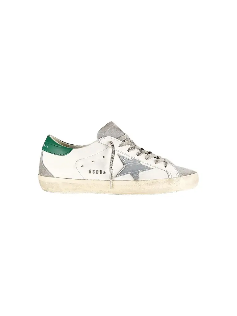 Golden Goose Men's Super-Star Leather Low-Top Sneakers - White Grey Silver Green | Image 1 Golden Goose Men's Super-Star Leather Low-Top Sneakers - White Grey Silver Green | Image 1
