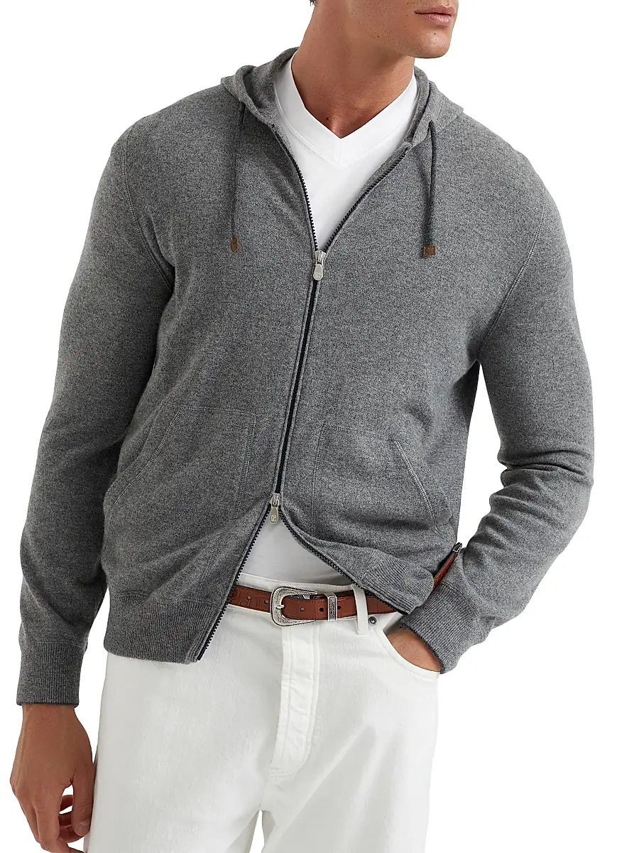 Brunello Cucinelli Men's Cashmere Sweatshirt Style Cardigan with Hood - Black | Thumbnail 2 Brunello Cucinelli Men's Cashmere Sweatshirt Style Cardigan with Hood - Black | Thumbnail 2
