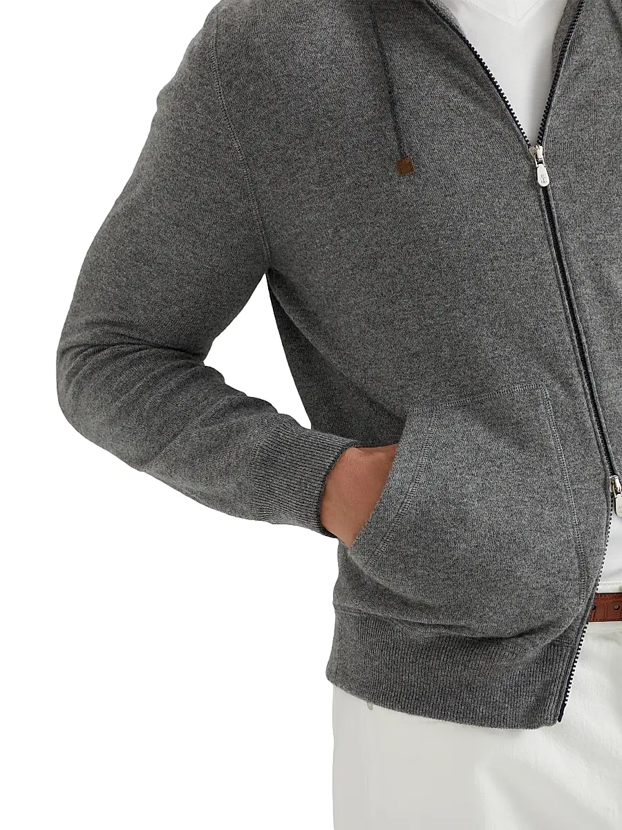 Brunello Cucinelli Men's Cashmere Sweatshirt Style Cardigan with Hood - Black | Thumbnail 5 Brunello Cucinelli Men's Cashmere Sweatshirt Style Cardigan with Hood - Black | Thumbnail 5
