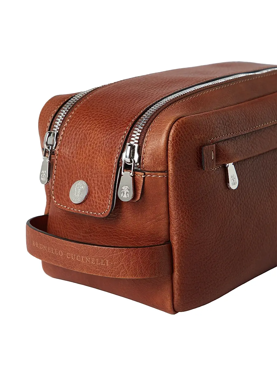 Brunello Cucinelli Men's Grained Calfskin Beauty Case with Double Zipper - Copper | Thumbnail 4