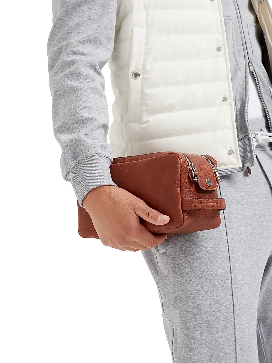 Brunello Cucinelli Men's Grained Calfskin Beauty Case with Double Zipper - Copper | Thumbnail 5