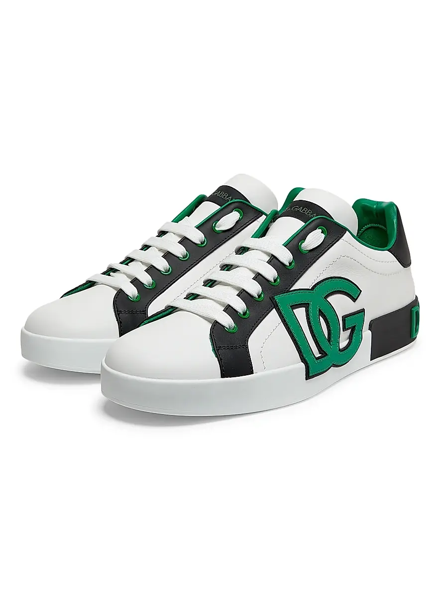 Dolce & Gabbana Men's Portofino Logo Leather Lace-Up Sneakers - Black Green | Thumbnail 2 Dolce & Gabbana Men's Portofino Logo Leather Lace-Up Sneakers - Black Green | Thumbnail 2