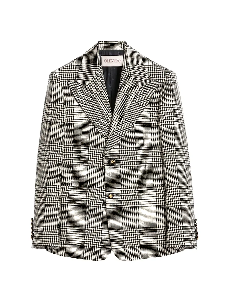 Valentino Garavani Men's Single-Breasted Wool Jacket with Check Pattern on Houndstooth | Image 1 Valentino Garavani Men's Single-Breasted Wool Jacket with Check Pattern on Houndstooth | Image 1