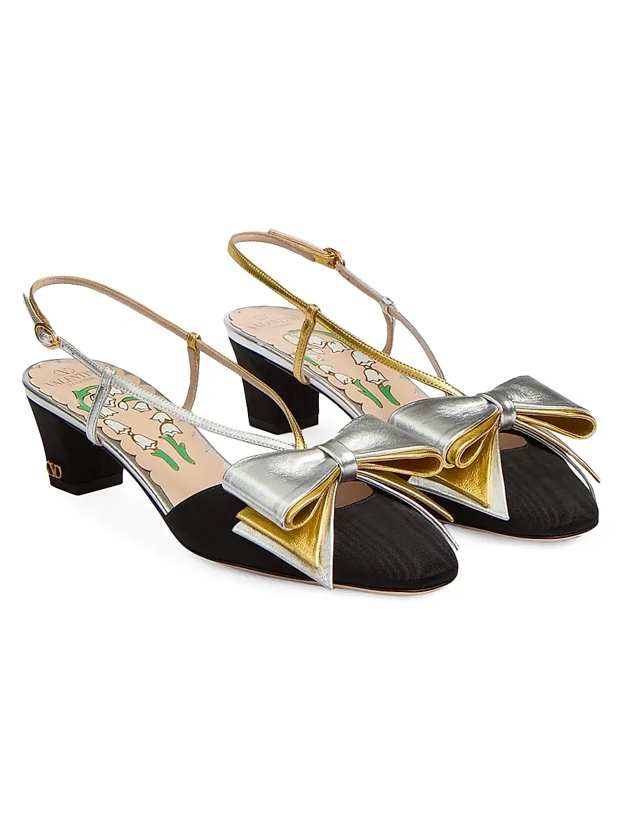 Valentino Women's Bowow 45MM Slingback Pumps in Moire Fabric - Black Multi | Thumbnail 2