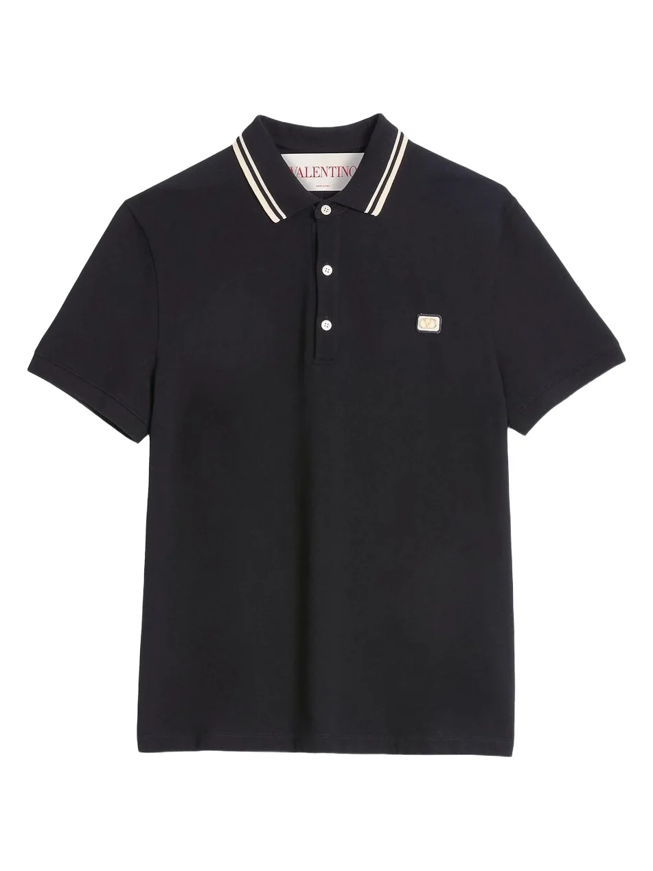 Men's Cotton Piqué Polo Shirt with VLogo Patch - Black Men's Cotton Piqué Polo Shirt with VLogo Patch - Black