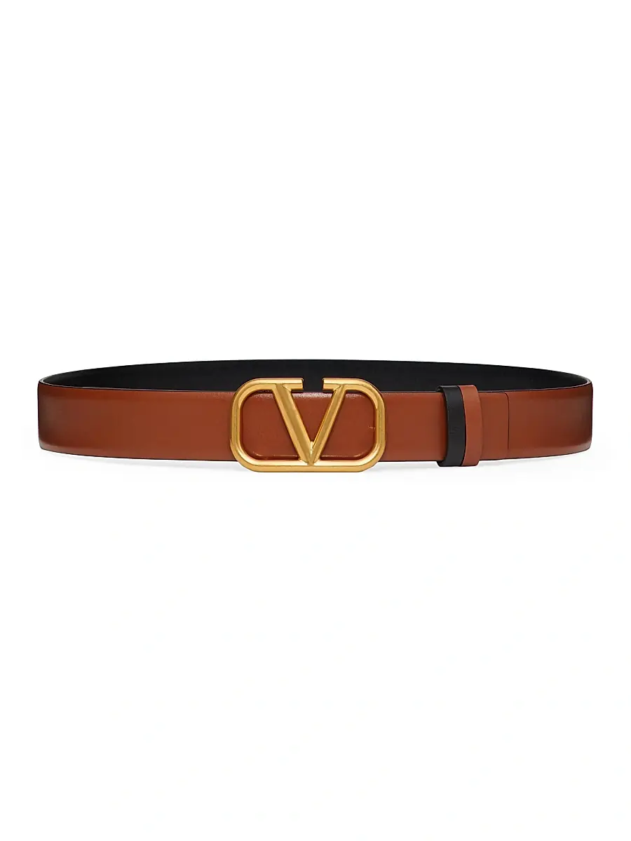 Valentino Garavani Women's Reversible VLogo Signature Belt in Glossy Calfskin 30MM - Saddle Brown Black | Image 1 Valentino Garavani Women's Reversible VLogo Signature Belt in Glossy Calfskin 30MM - Saddle Brown Black | Image 1