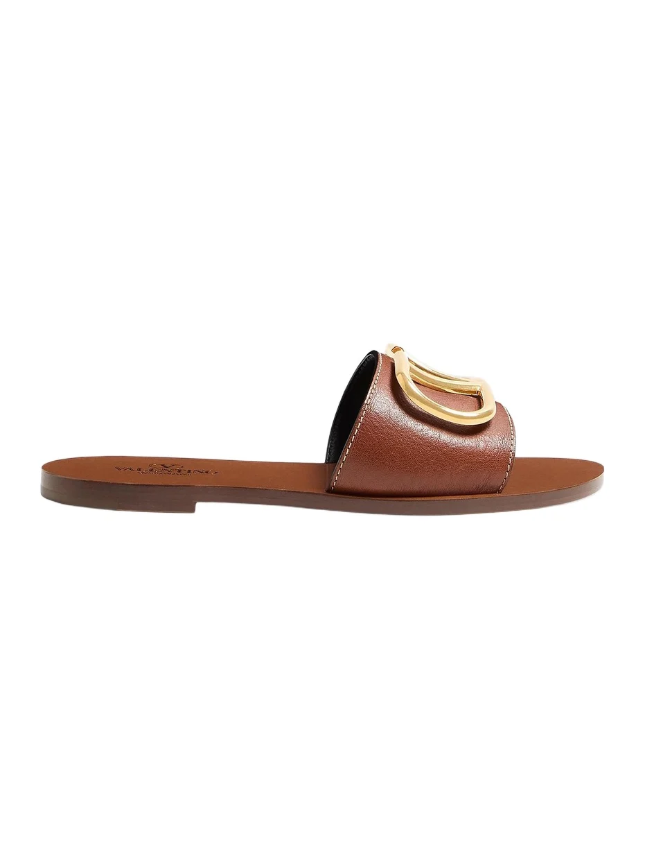 Valentino Women's Vlogo Signature Slide Sandal In Grainy Cowhide With Accessory - Tan