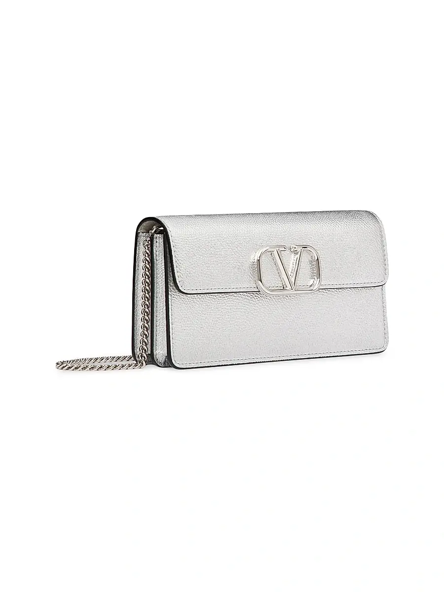 Valentino Women's VLogo Signature Metallic Grainy Calfskin Wallet with Chain - Silver | Thumbnail 3