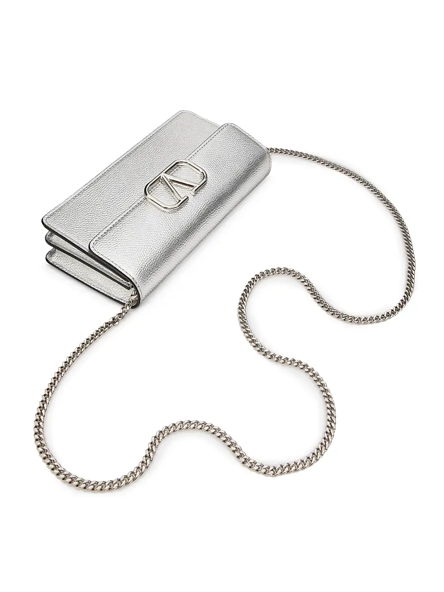 Valentino Women's VLogo Signature Metallic Grainy Calfskin Wallet with Chain - Silver | Thumbnail 6