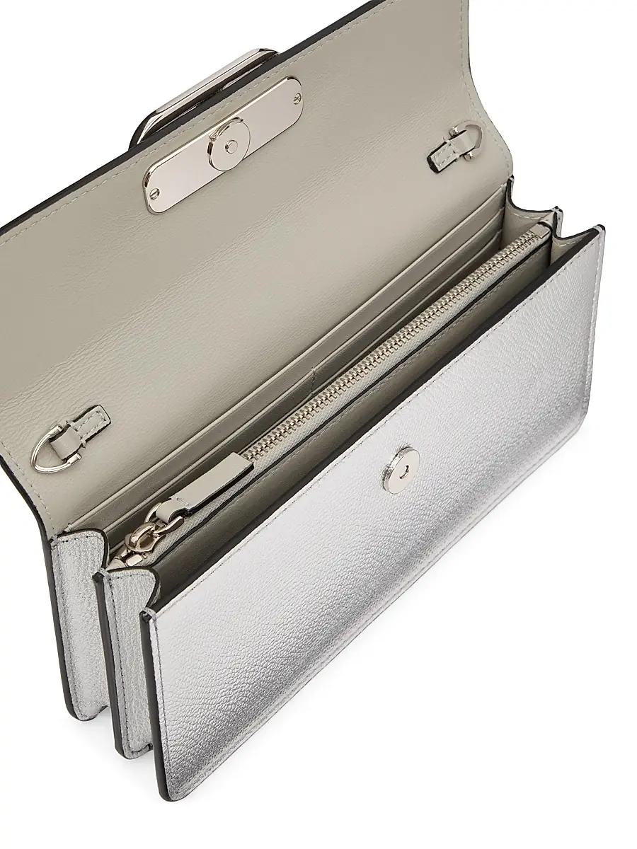Valentino Women's VLogo Signature Metallic Grainy Calfskin Wallet with Chain - Silver | Thumbnail 7
