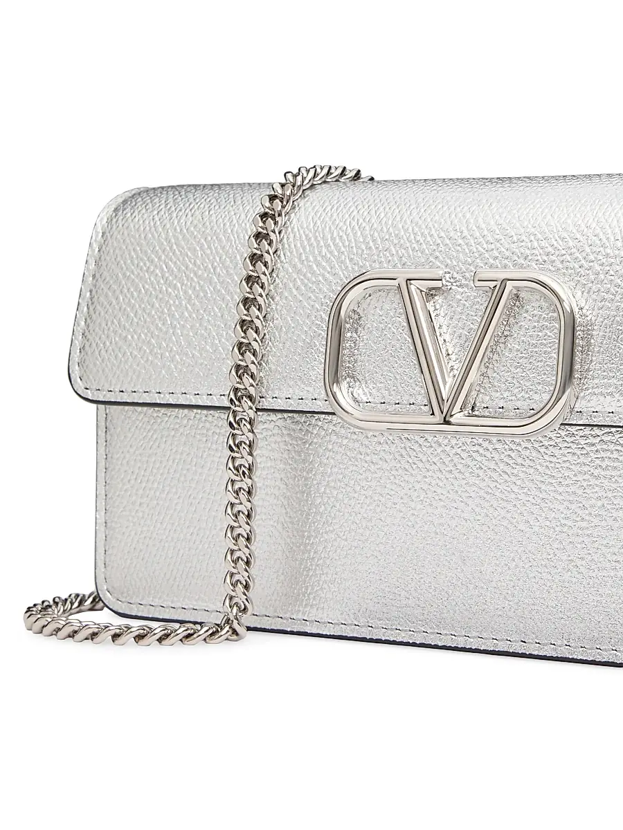 Valentino Women's VLogo Signature Metallic Grainy Calfskin Wallet with Chain - Silver | Thumbnail 8