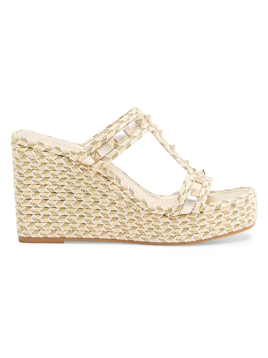 Valentino Garavani Women's Rockstud Laminated Nappa Wedge Sandals 90MM - Platinum | Image 1 Valentino Garavani Women's Rockstud Laminated Nappa Wedge Sandals 90MM - Platinum | Image 1