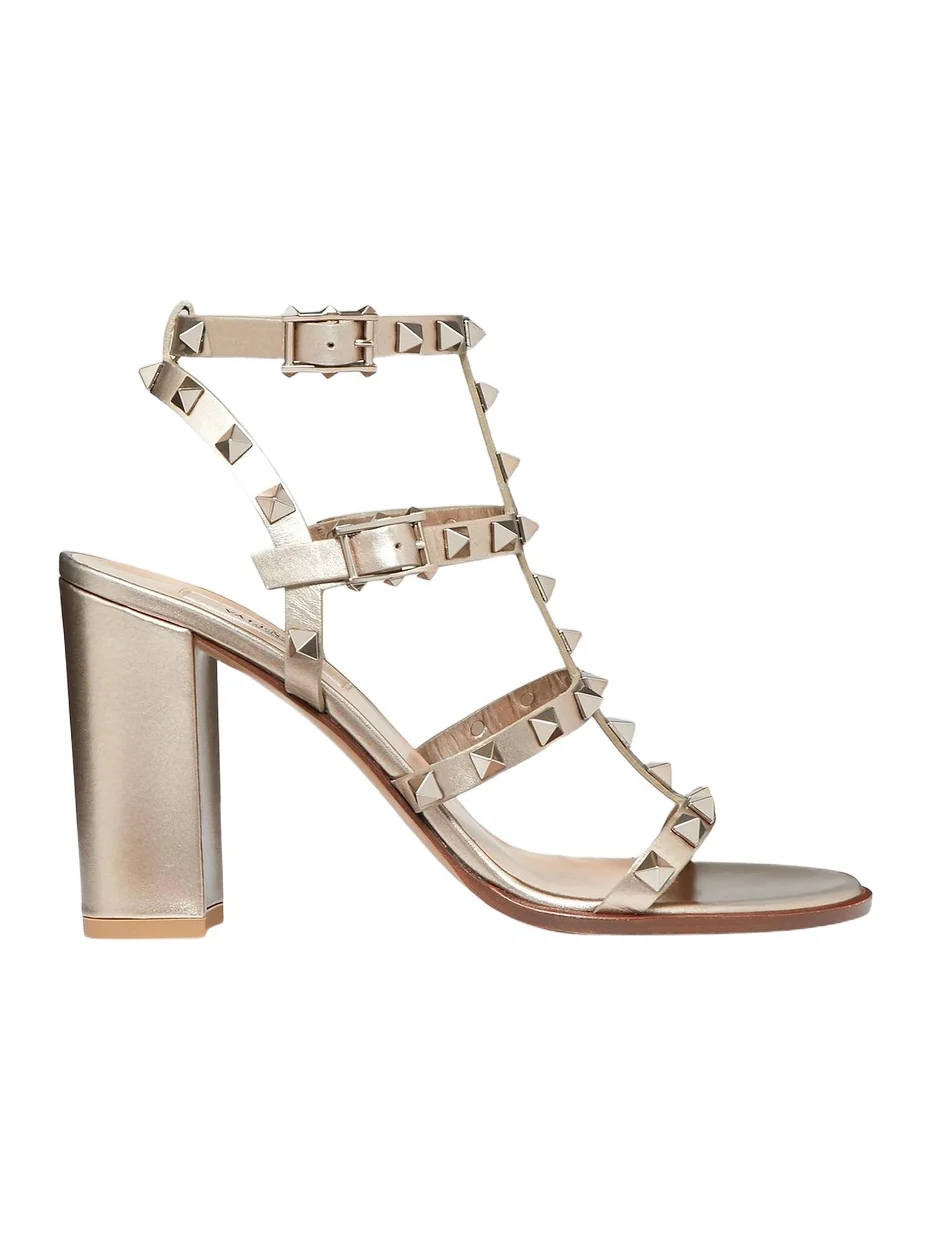 Women's Rockstud Metallic 90MM Calfskin Leather Ankle Strap Sandals