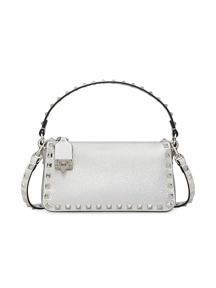 Valentino Garavani Women's Rockstud Grainy Metallic Calfskin Crossbody Bag - Silver | Image 1 Valentino Garavani Women's Rockstud Grainy Metallic Calfskin Crossbody Bag - Silver | Image 1
