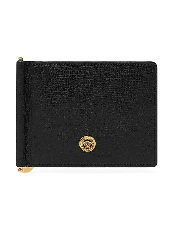 Men's Bifold Leather Money Clip - Black Gold Men's Bifold Leather Money Clip - Black Gold