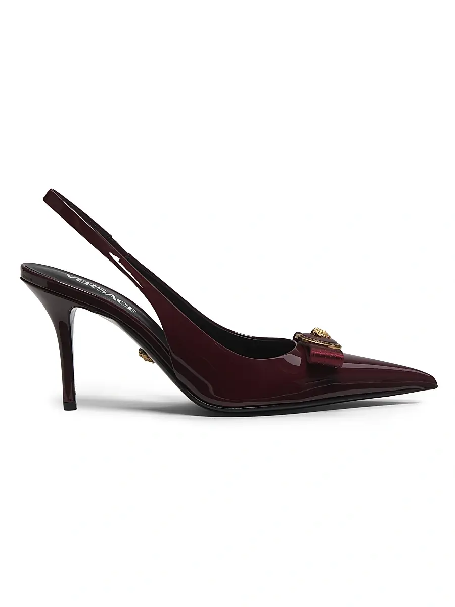 Versace Women's Gianni Ribbon 85MM Slingback Pumps - Dark Burgundy Gold | Image 1 Versace Women's Gianni Ribbon 85MM Slingback Pumps - Dark Burgundy Gold | Image 1