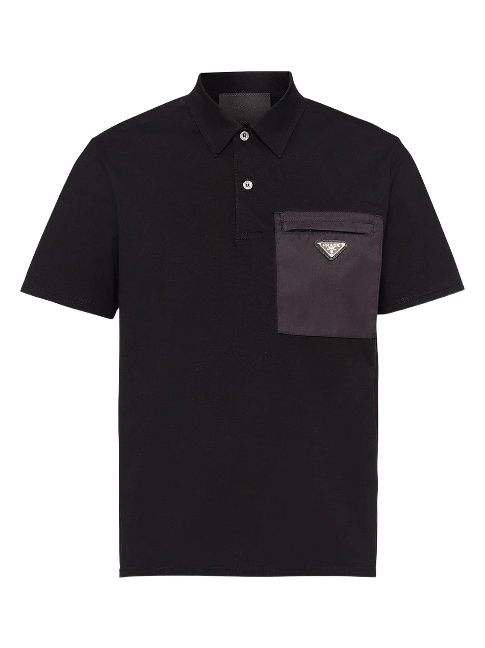 Men's Stretch Cotton Polo Shirt with Nylon Details - Black Men's Stretch Cotton Polo Shirt with Nylon Details - Black