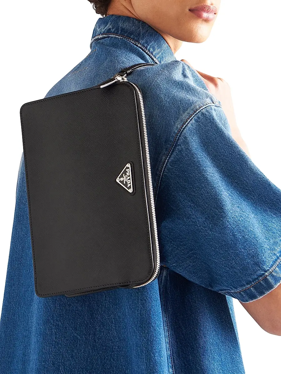 Prada Men's Saffiano Leather Pouch - White | Thumbnail 7